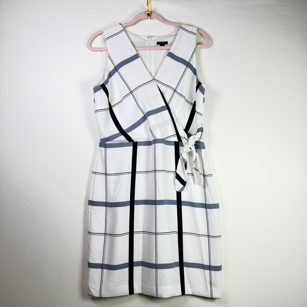 ANN TAYLOR White Plaid Faux Wrap Sleeveless Sheath Dress 12P